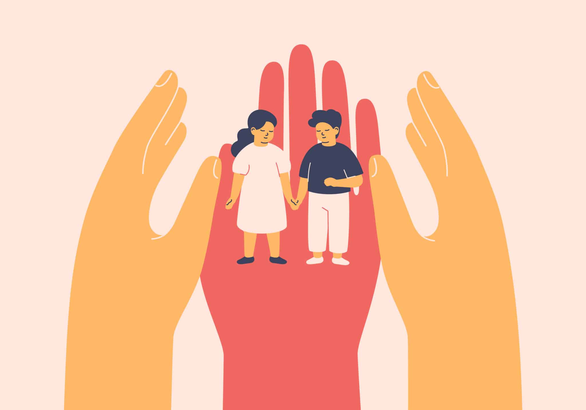 Adults Taking Care About Children. Human Hands Surrounded Boy And Girl With Love. Healthcare Support, Insurance, Defense Kids Rights In Society. Social Protect, Upbringing Orphans. Vector