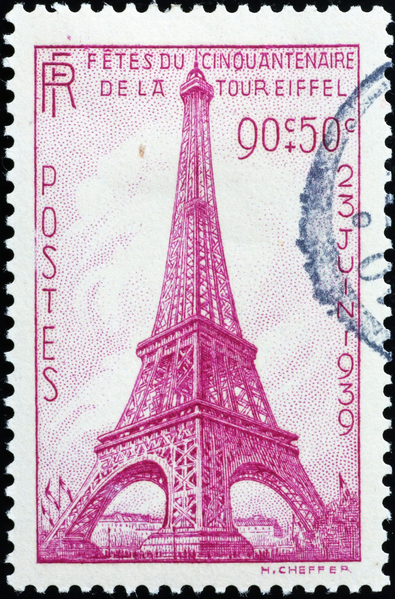 Old French Stamp Celebrating Famous Tour Eiffel
